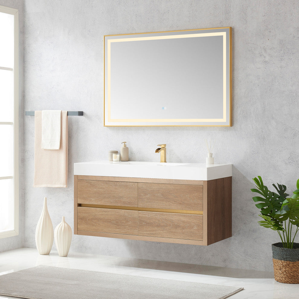 Palencia Floating Bath Vanity With Composite Stone Top, North American Oak, 48", No Mirror