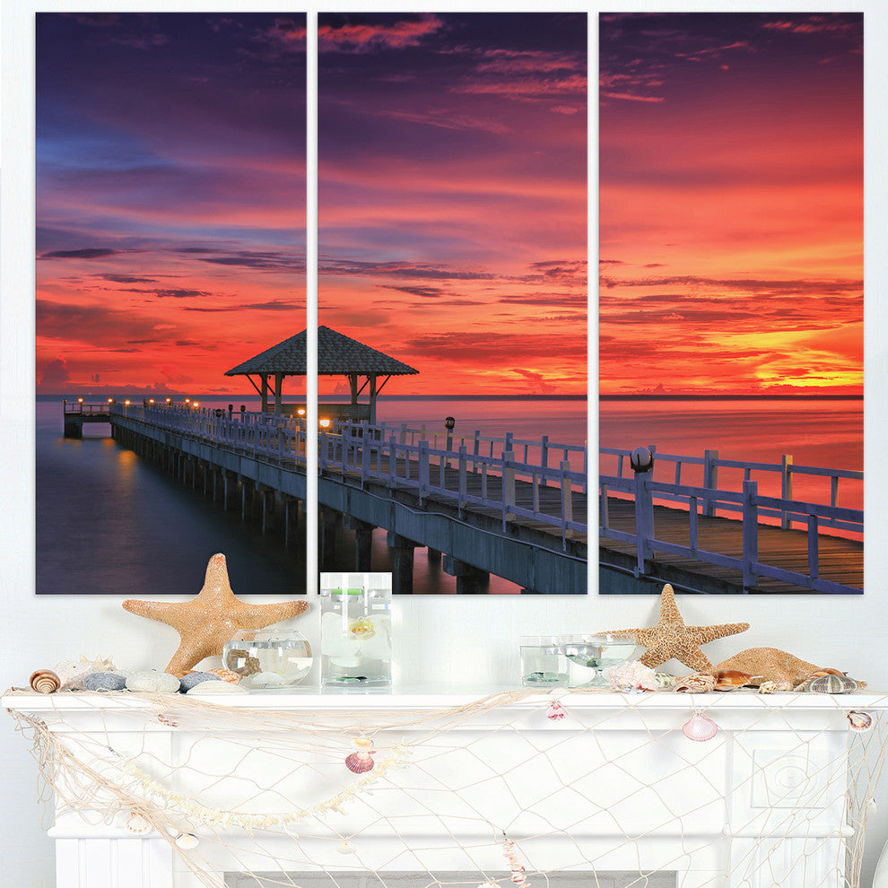 "Long Wooden Bridge and Colorful Sky" Metal Wall Art, 3 Panels, 36"x28"