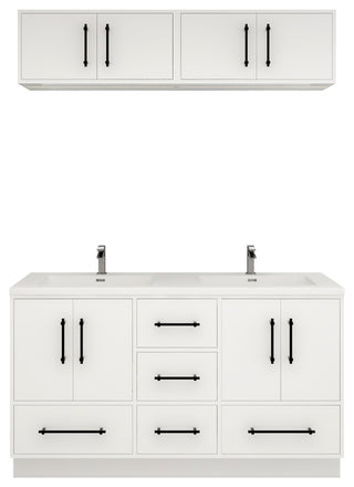 Victoria 60" Solid Wood Vanity Double Sink, Overhead Cabinet, Glossy White