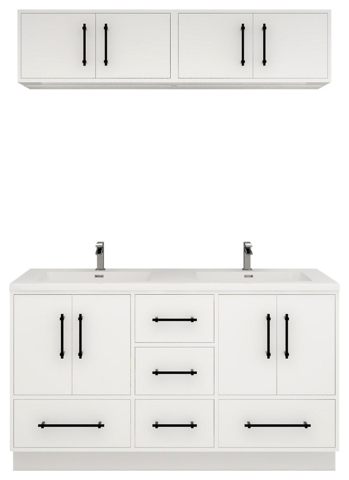 Victoria 60" Solid Wood Vanity Double Sink, Overhead Cabinet, Glossy White