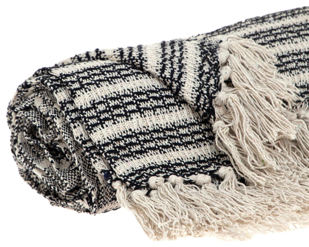 Black and Beige Striped Woven Handloom Throw Blanket