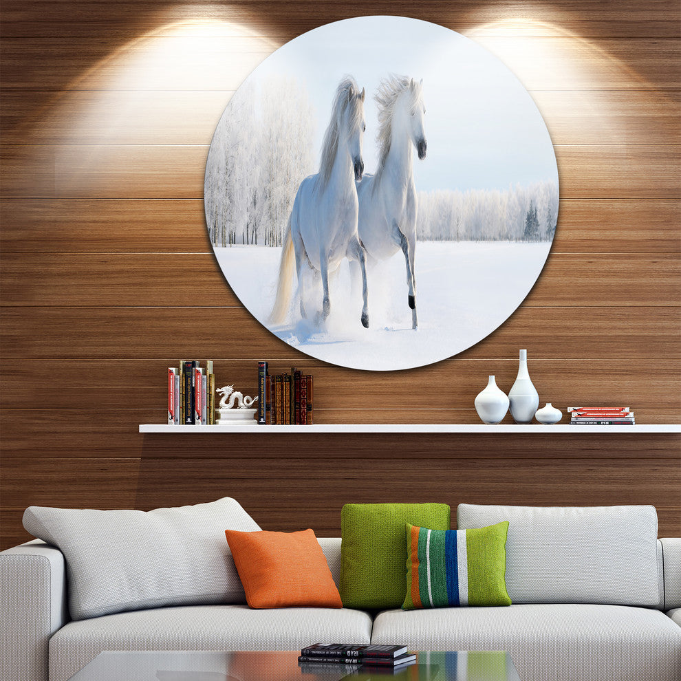 Two Galloping White Ponies, Animal Photo Large Disc Metal Wall Art, 23"