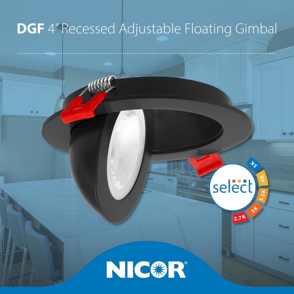 DGF 4" Selectable Canless Floating Gimbal LED Recessed Downlight, Black