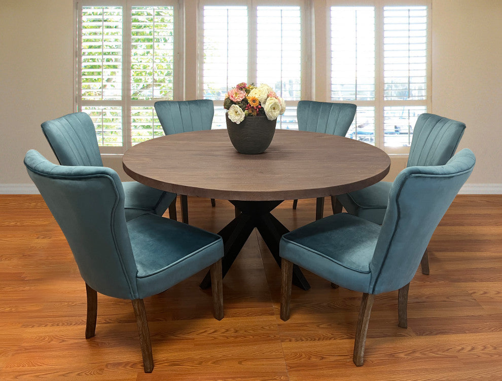 Felix 7-Piece Dining Set With 60" Round Dining Table and 6 Teal Velvet Chairs