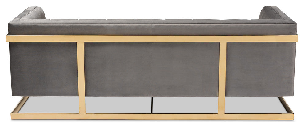 Rolland Gray Velvet Upholstered and Button Tufted Sofa With Gold-Tone Frame