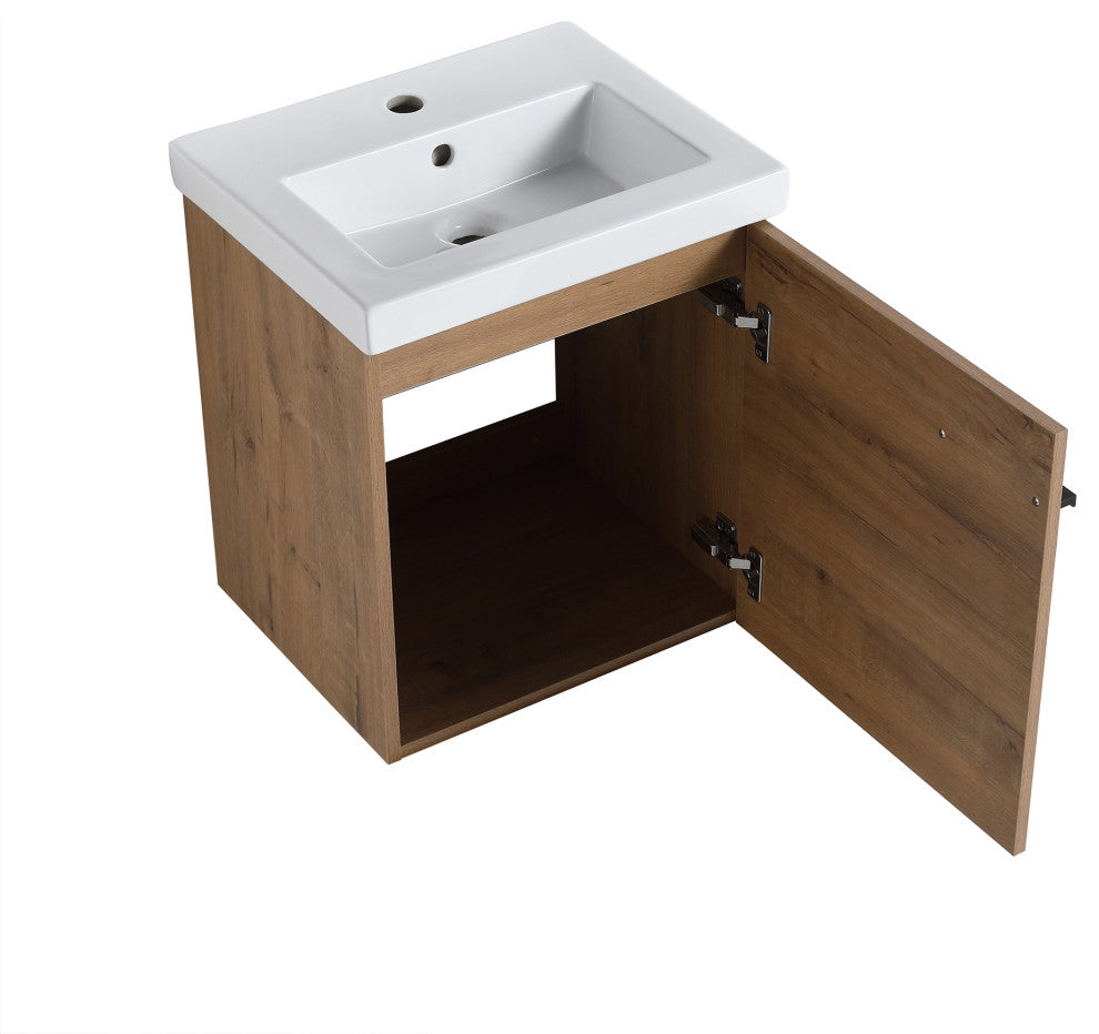 18 in. Wall-Mounted Small Bathroom Vanity With Ceramic Sink, Imitative Oak
