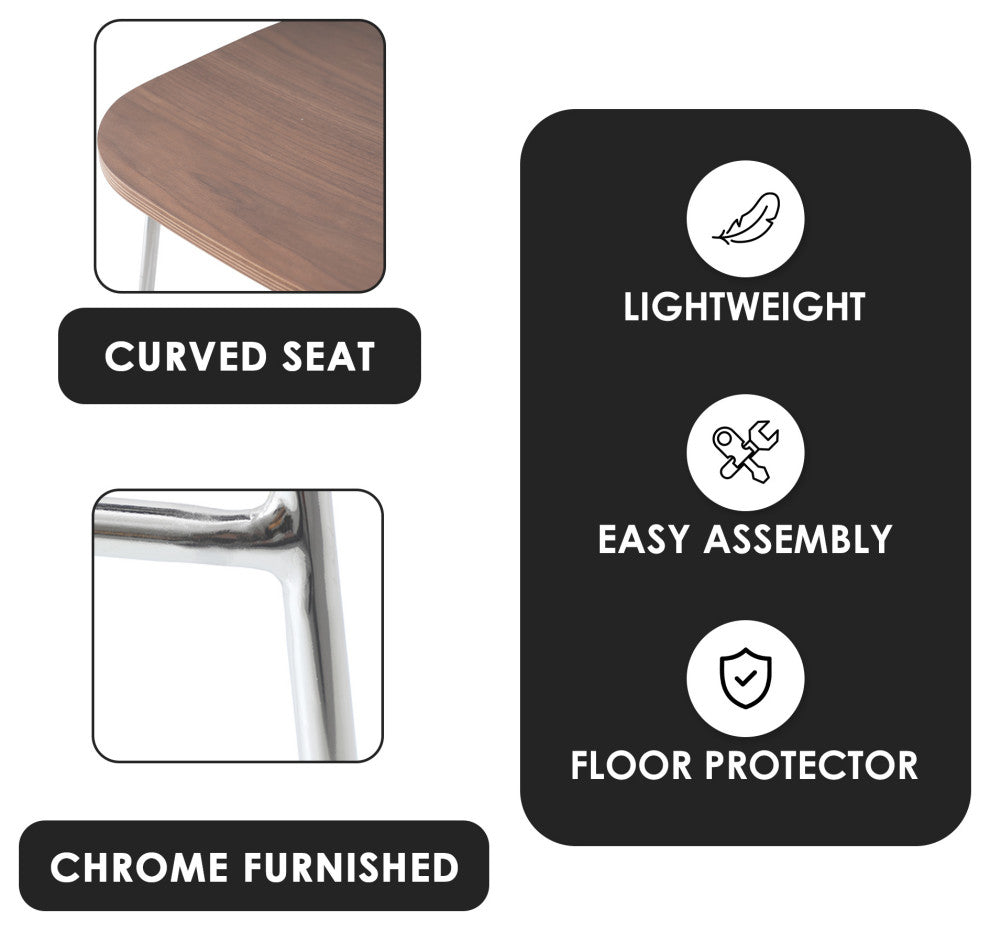 LeisureMod Melrose Modern Wood Counter Stool With Chrome Base, Walnut