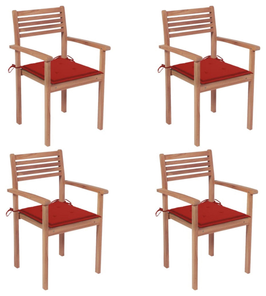 Vidaxl Garden Chairs, Set of 4, With Red Cushions Solid Teak Wood