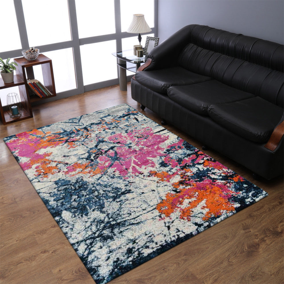 MACHINE MADE HEATSET POLYPROPYLENE AREA RUGS -Orange Color,Floral Design, [Rectangle] 5'x8'