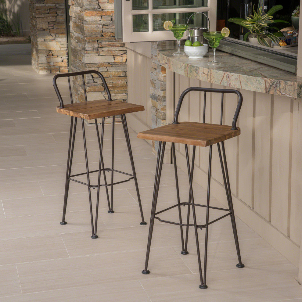 GDF Studio Outdoor Teak Finish Acacia Wood Barstools With Iron Frame, Set of 2