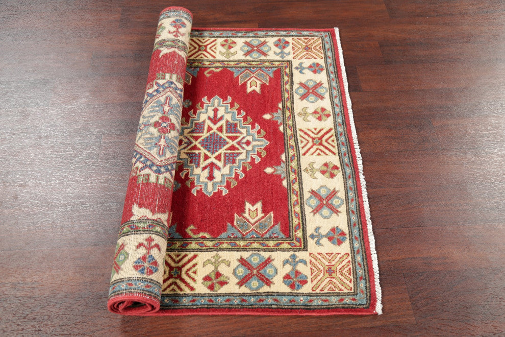 Hand Made Kazak Oriental Traditional Pakistani Area Rug, Red, 4'11"x3'5