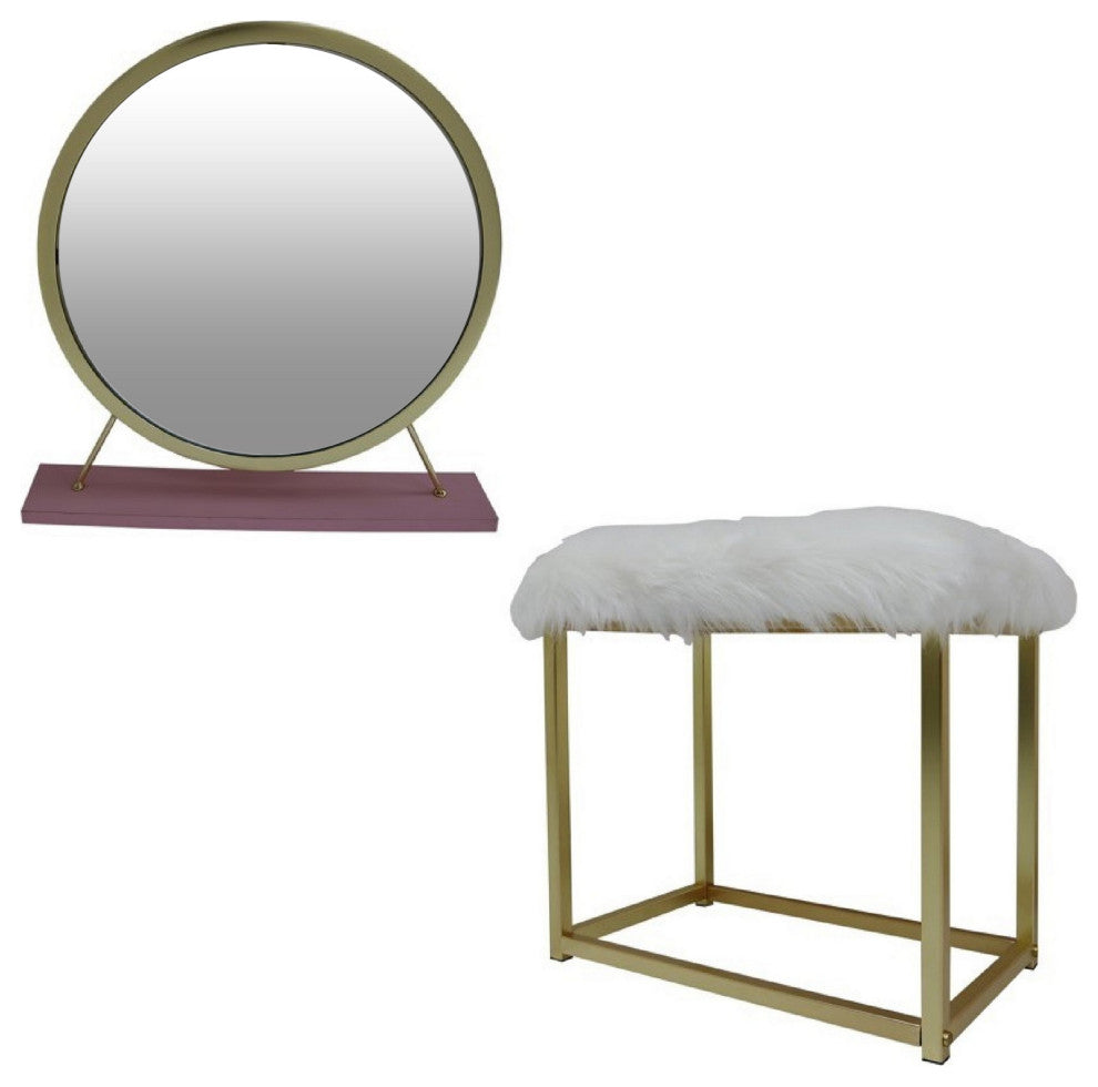 Benzara BM278977 Rose Round Vanity Mirror With Stool, Faux Fur Seat, Brass. Pink