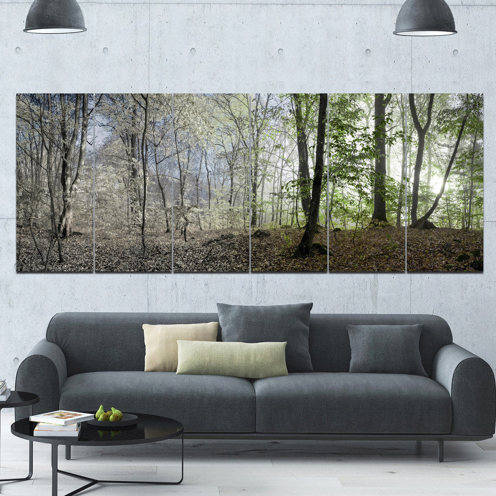Green Morning in Forest Panorama, Landscape Canvas Art Print, 70"x28", 6 Panels