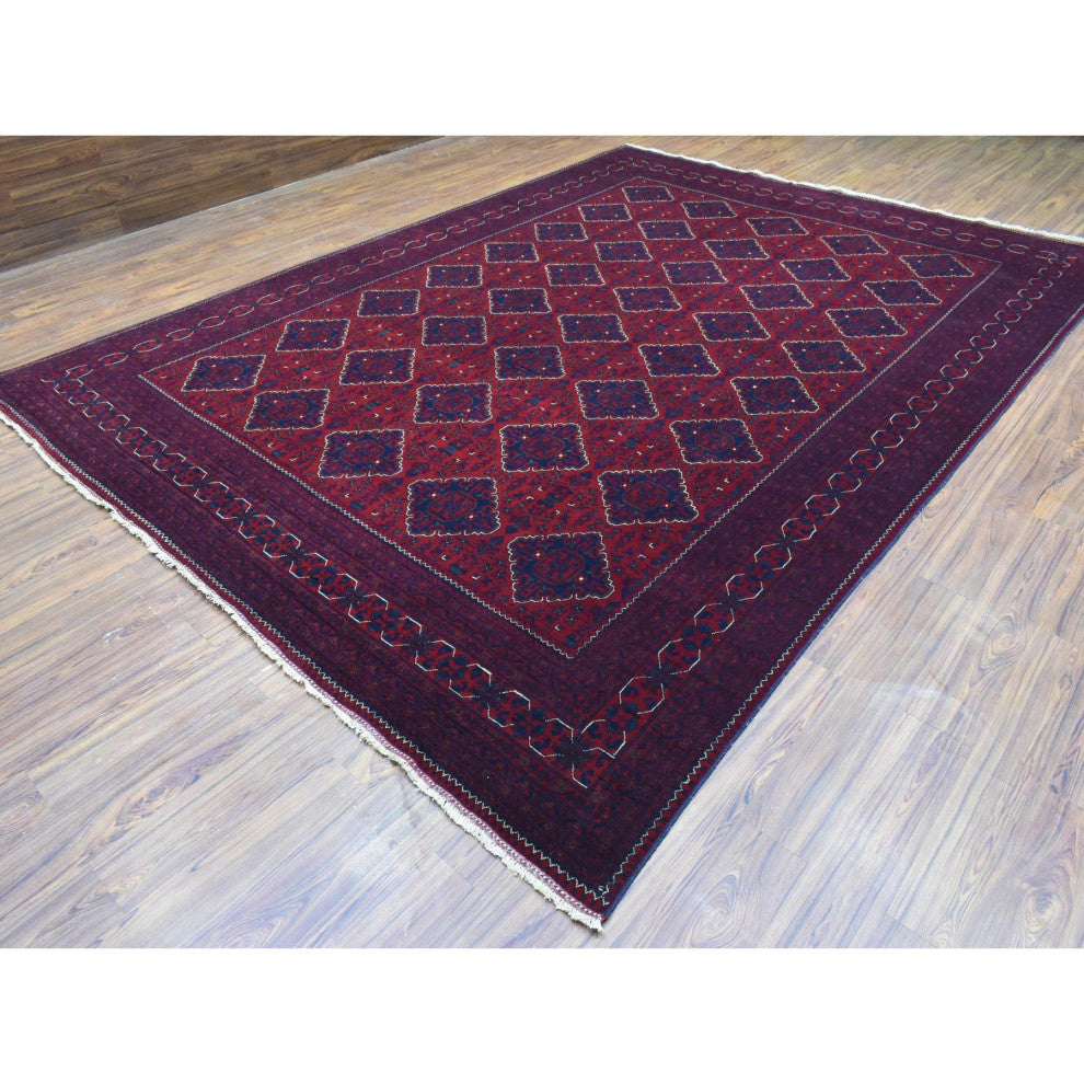 Red Hand Knotted Tribal Design Shiny Wool Afghan Khamyab Oriental Rug, 9'8"x13'