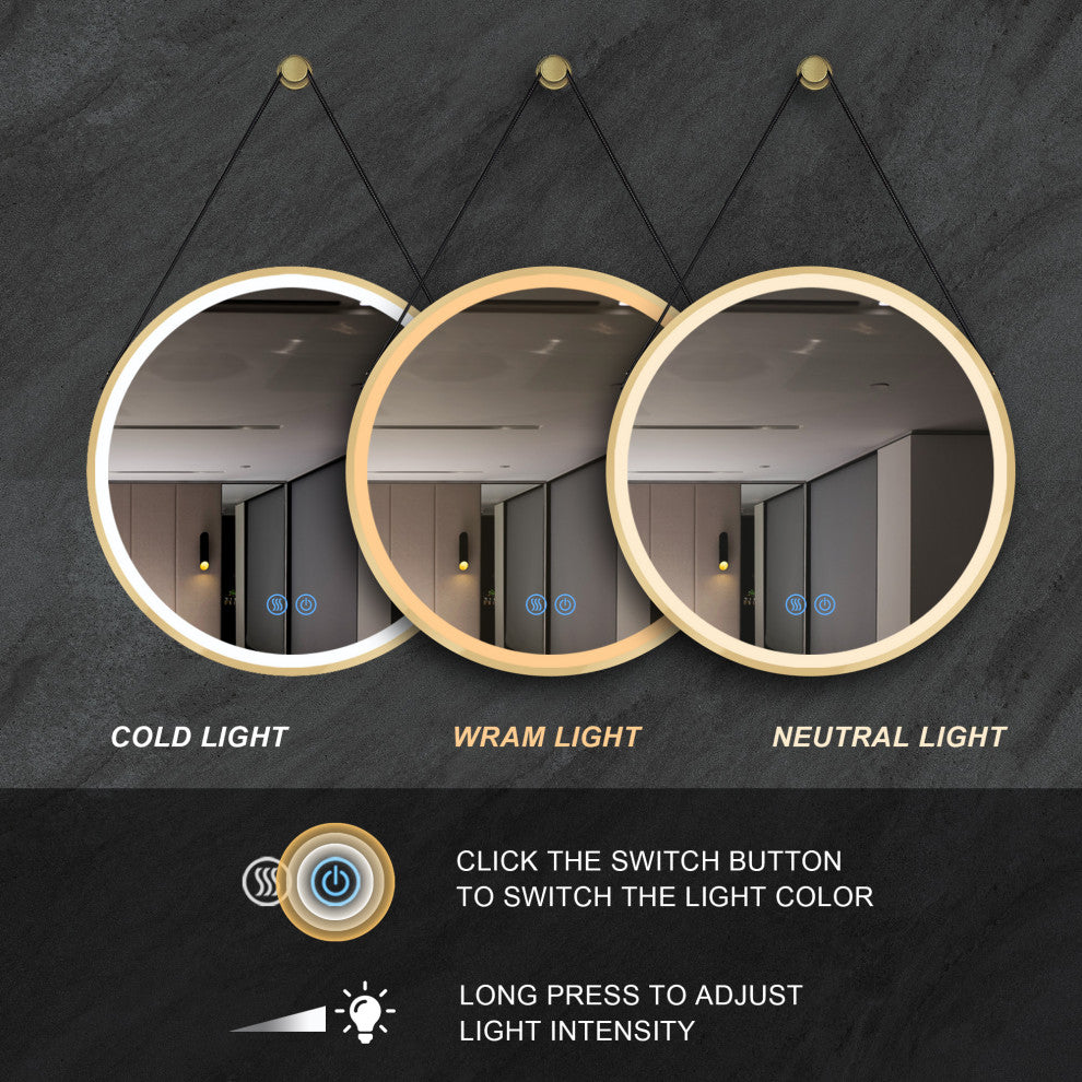 32'' Round Metal Framed Smart 3-Color Dimmable Anti-Fog LED Vanity Mirror, Gold
