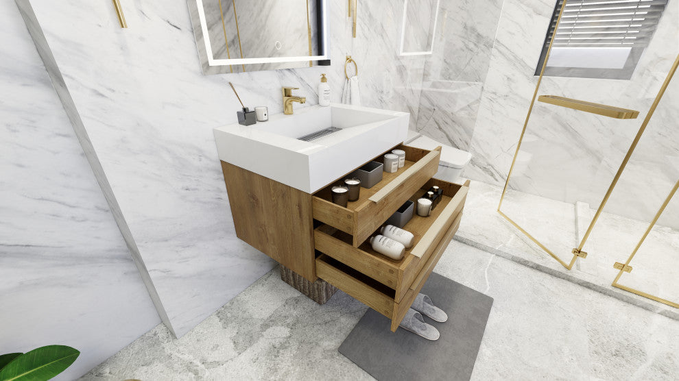 Madison 30" Wall Mounted Vanity With Reinforced Acrylic Sink, Oak