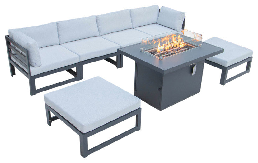 LeisureMod Chelsea 7-Piece Outdoor Sectional With Fire Pit Table, Light Gray