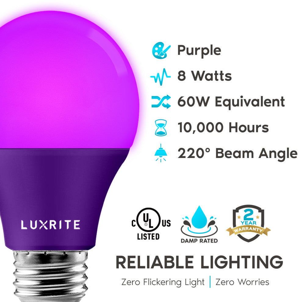 Luxrite A19 LED Purple Light Bulb 8W UL Listed E26 Indoor Outdoor