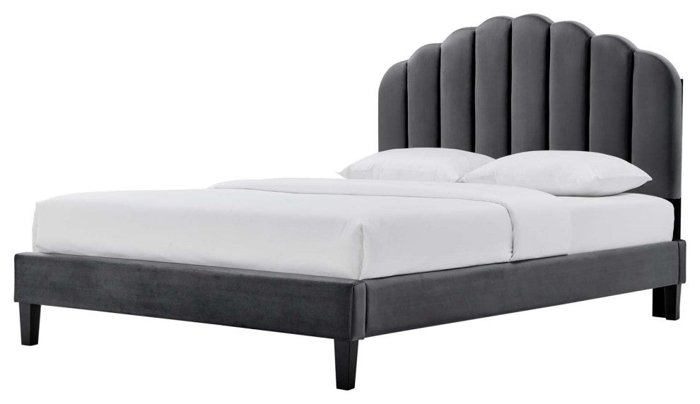 Platform Bed Frame, King Size, Charcoal Gray, Velvet, Modern, Guest Suite