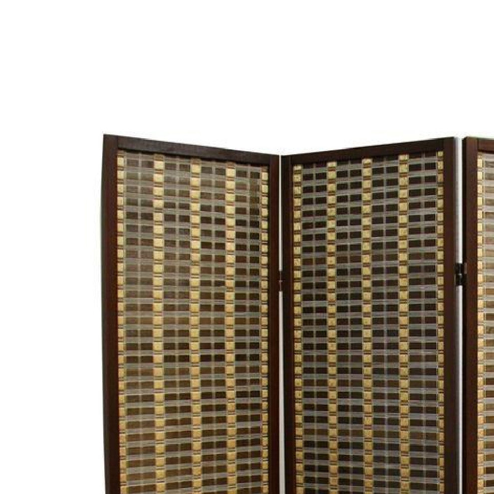Benzara BM96148 Bamboo and Wood Two Tone 3 Panel Room Divider, Dark Brown