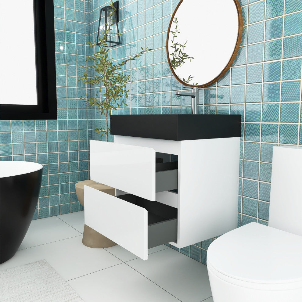 Wood Wall-Mounted Bathroom Vanity Set with Black Integrated Quartz Sand Sink, White, 24"