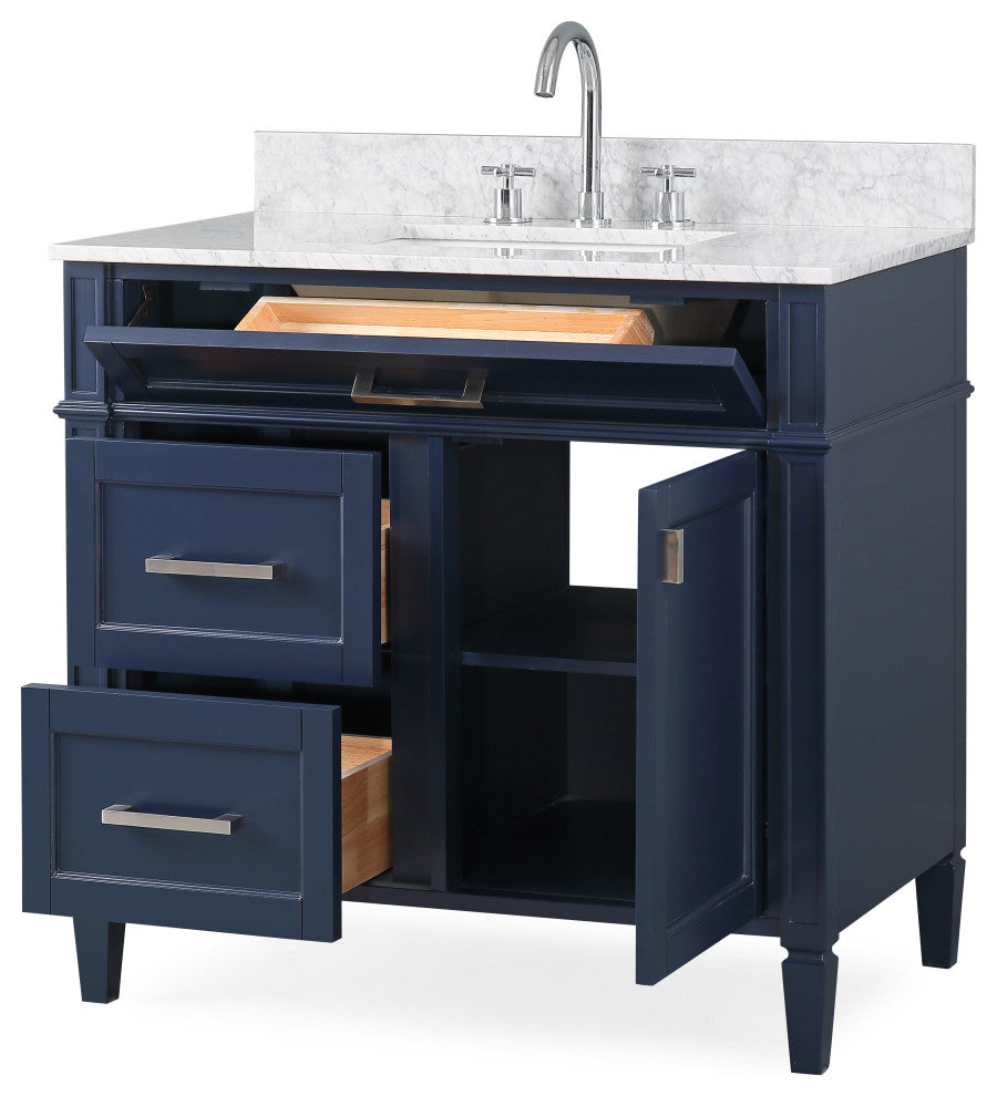 36 Inch Durand Modern Navy Blue Bathroom Sink Vanity with Stone Counter Top, Italian Carrara Top