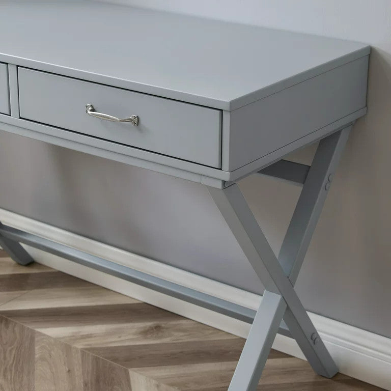Contemporary Desk, Pine Wood Frame With X-Shaped Sides & 2 Drawers, Gray Finish