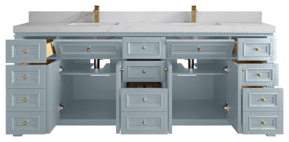 Paris 84" Double Sink Bathroom Vanity, Blue Heather 2" Calacatta Sienna