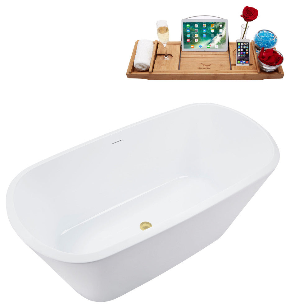 59" Streamline Bathtub and Tray With Drain, Polished Brass