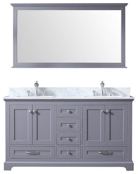 Dukes 60" Vanity, Wht Carrara Marble Top & 58" Mirror w/ Faucets, Dark Grey