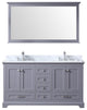 Dukes 60" Vanity, Wht Carrara Marble Top & 58" Mirror w/ Faucets, Dark Grey