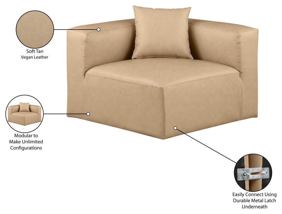 Cube Upholstered Modular Component, Tan, Vegan Leather, Corner Chair