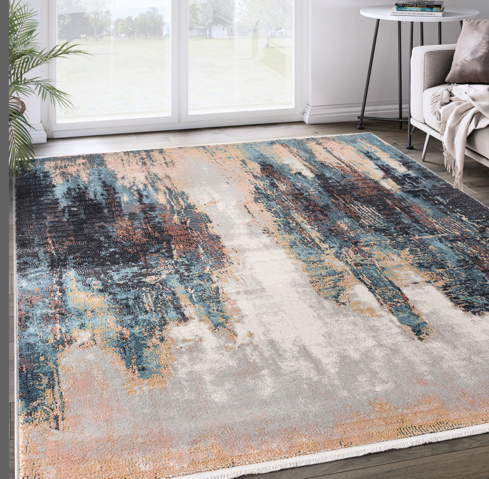 Abani Azure Collection AZR140A Contemporary Skyline Teal Beige Area Rug