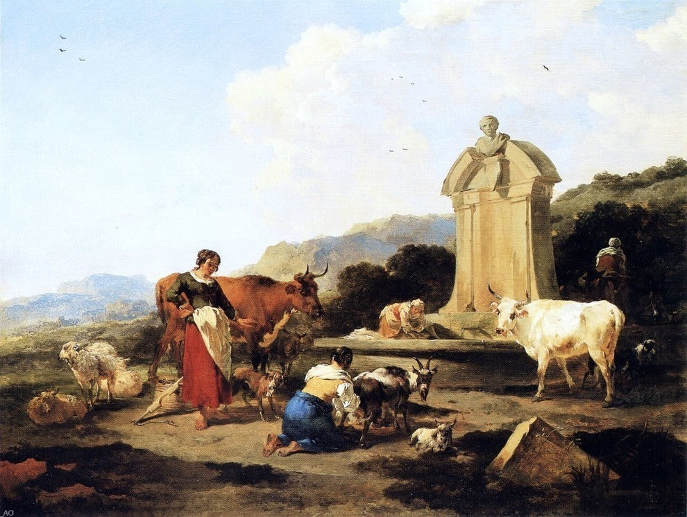 Nicolaes Berchem Roman Fountain with Cattle and Figures Gallery Wrapped Canvas