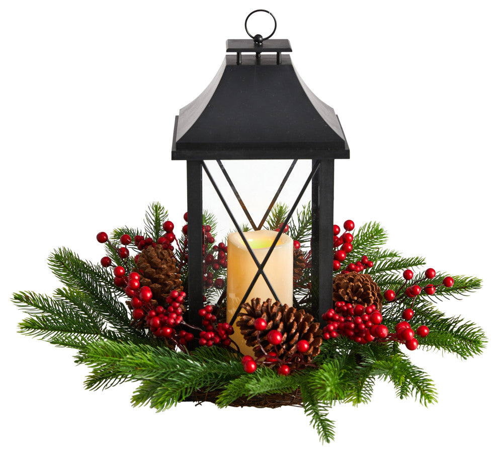 16" Holiday Xmas Berry, Pinecone & Greenery W/ Lantern & LED Candle Arrangement