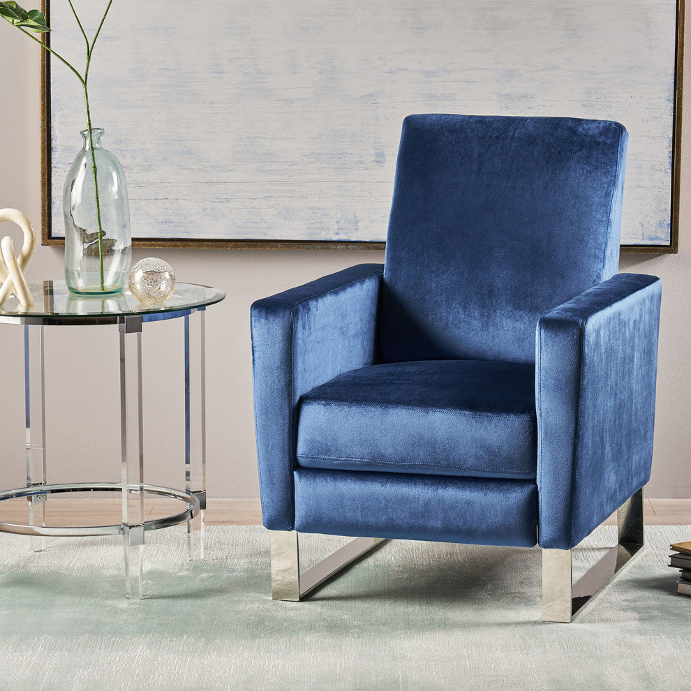 Arvin Velvet Push Back High Leg Recliner With Stainless Steel Legs, Cobalt