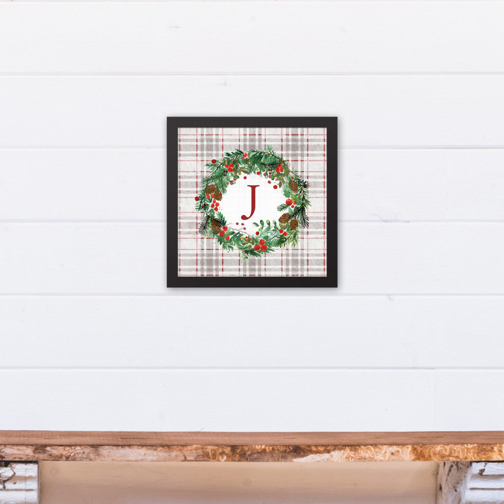 Holiday Gray Plaid Monogram Wreath J 12x12 Black Framed Canvas
