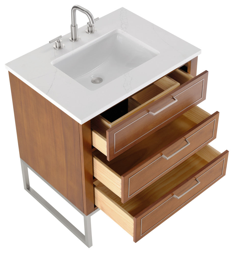Markham Bathroom Vanity, Walnut/Brushed Nickel, 30", Calacatta Quartz Top