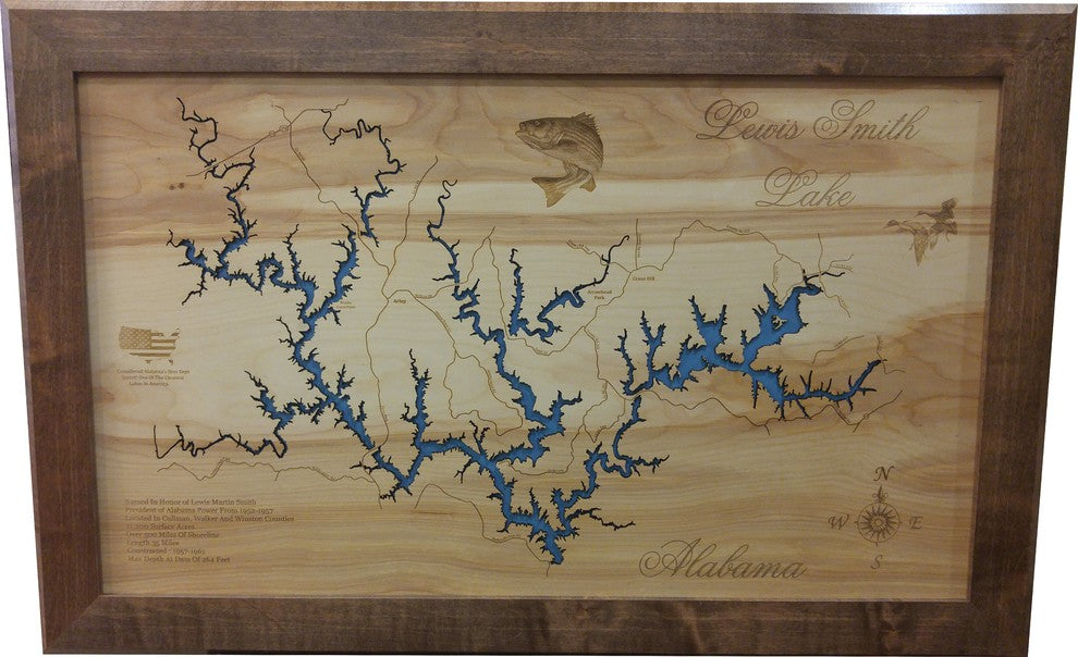 Lewis Smith Lake, Alabama-Wood Lake Map, Medium Framed
