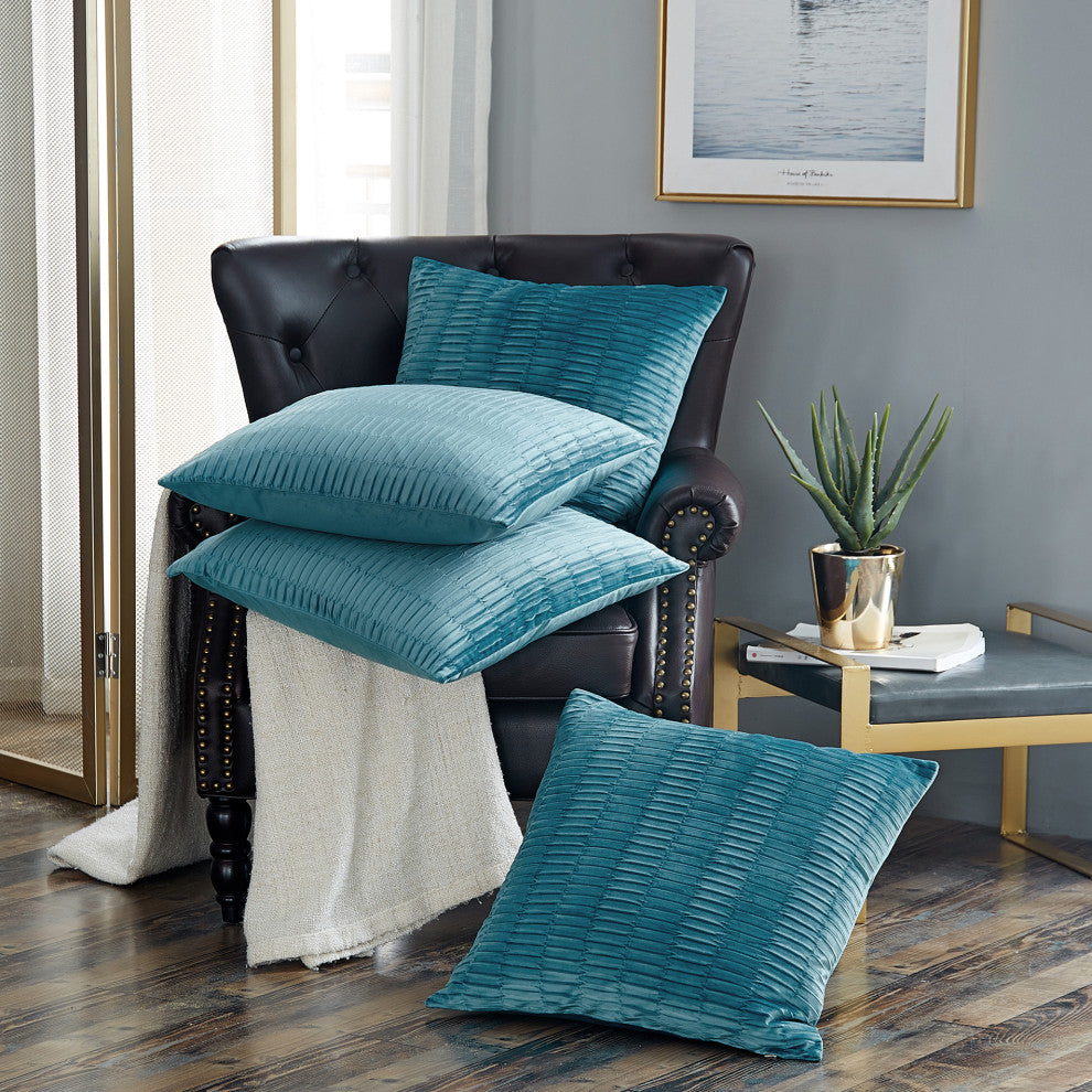 Pleated Velvet Pillow Cover 4 Piece Set, Storm Blue, 20" X 20"