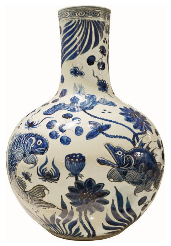 Blue and White Fish Motif Emobssed Porcelain Globular Vase 21.5"