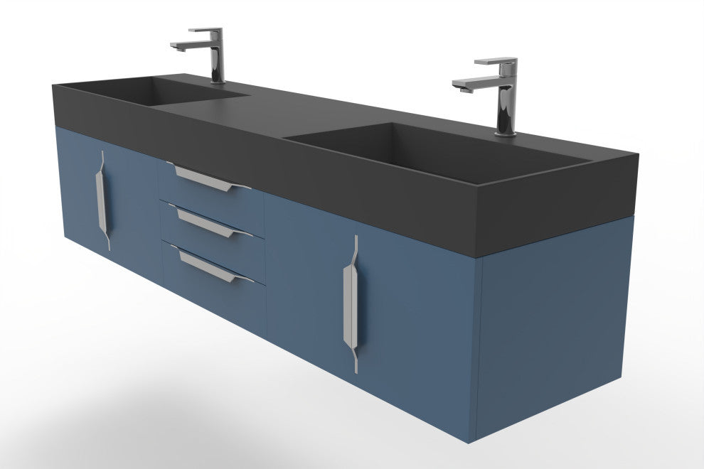 CastelloUSA Amazon 72" Wall Mounted Vanity Set, Blue, Black Top, Chrome Handles
