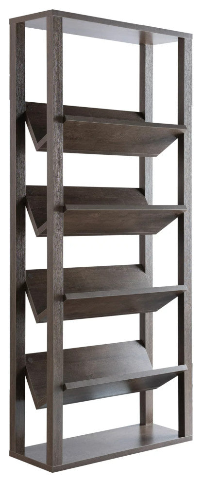 Transitional Bookcase, Unique Design With 4 Angled Open Shelves, Walnut Finish