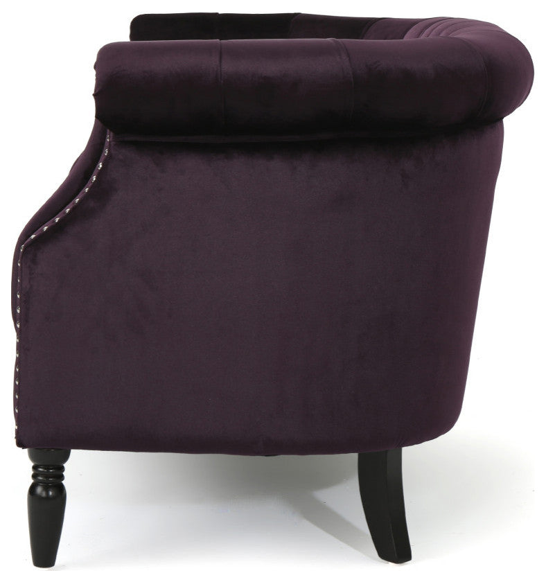 GDF Studio Melaina Tufted Scroll Arm New Velvet Loveseat, Blackberry