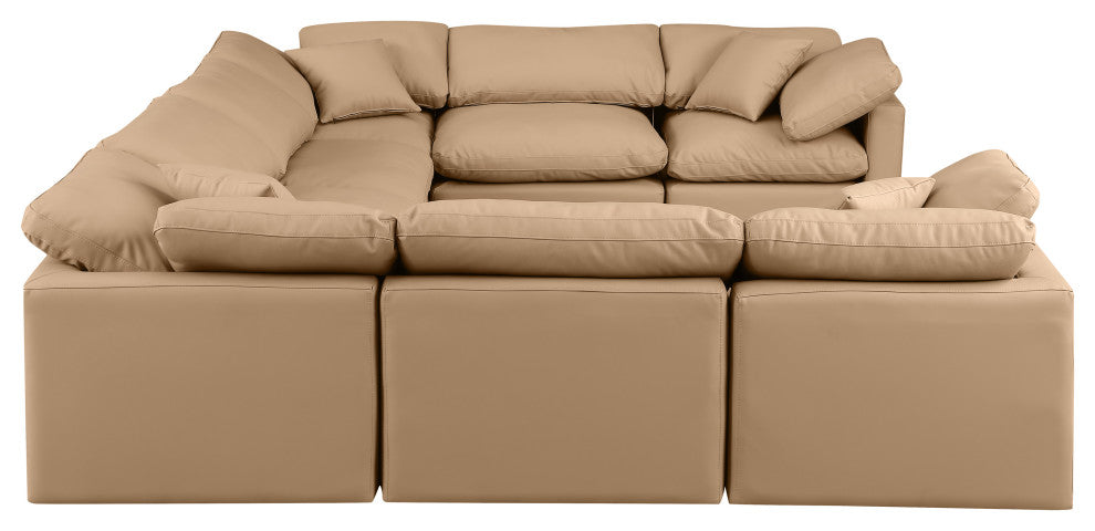 Indulge Upholstered Modular U-Shaped Sectional, Tan, 8-Piece: 4 Armless Chair, 4 Corner Chair, Fiber Stuffed Vegan Leather