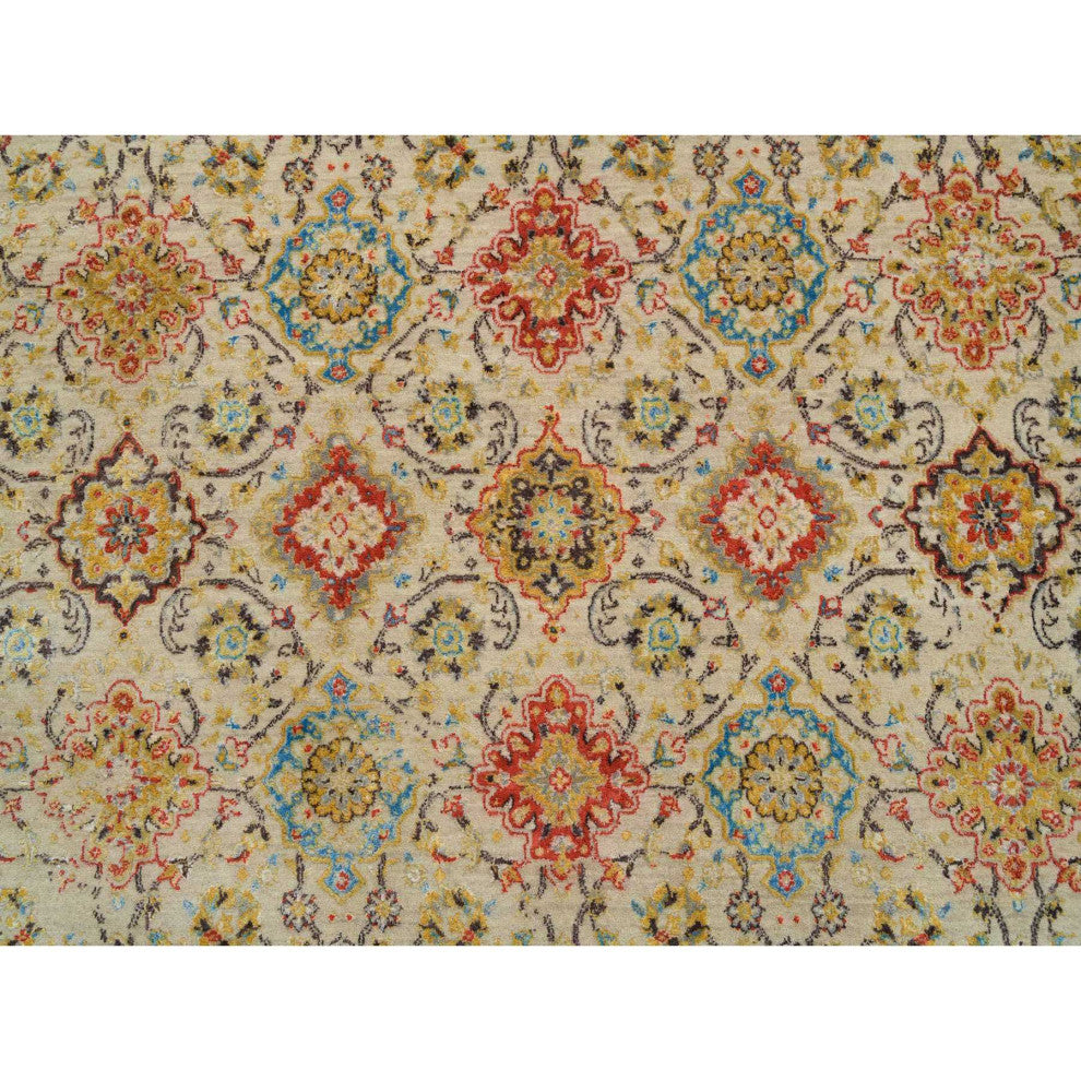 Beige, THE SUNSET ROSETTES, Hand Knotted Wool And Pure Silk, Rug, 8'2"x10'2"