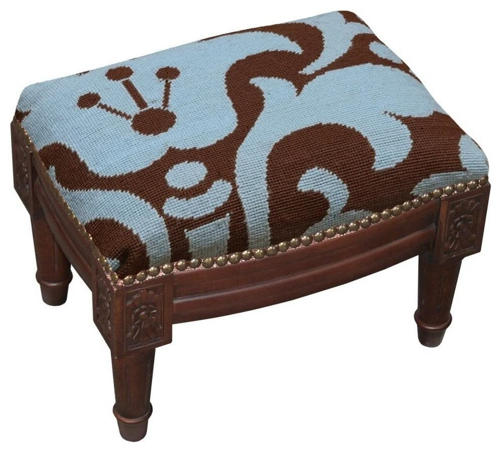 Damask Wool Needlepoint Wooden Footstool, Blue and Brown