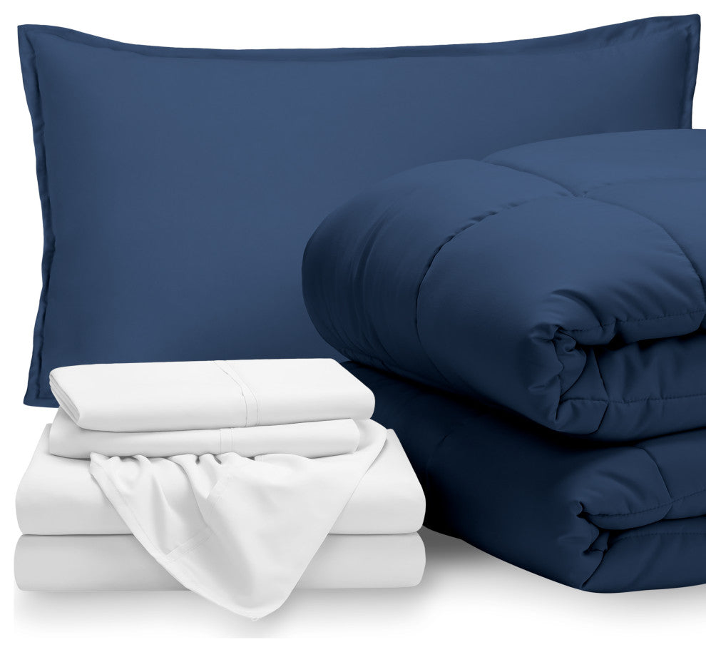 Bare Home 5-Piece Twin Bed-in-a-Bag, Dark Blue, White