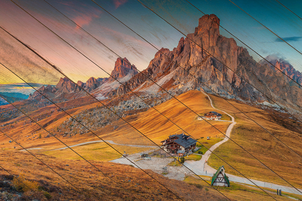 Faux Wood Majestic Sunset and Alpine Mountain Pass Canvas Prints, 24" X 36"