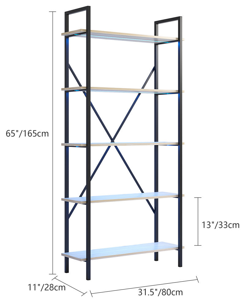 Multifunctional Smart Industrial 5-Shelf Bookcase W/ Tricolor Dimming LED Light,